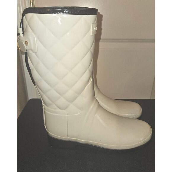 HUNTER Refined Gloss Quilted Rubber Rain Boots Mid Calf US 7 EU 36 Cream - Picture 1 of 15